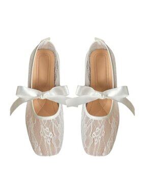 Floral Lace Mesh Ballet Flats Comfortable Square Toe Bow Dressy Shoes